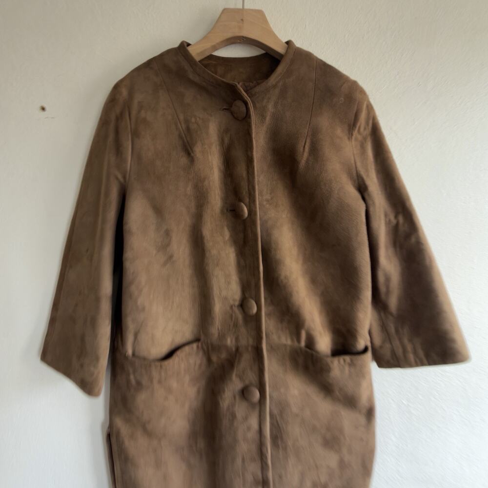 Vintage 1960s Camel Suede Collarless Swing Coat Covered Buttons Mid Century Sz 8 - Picture 4 of 12